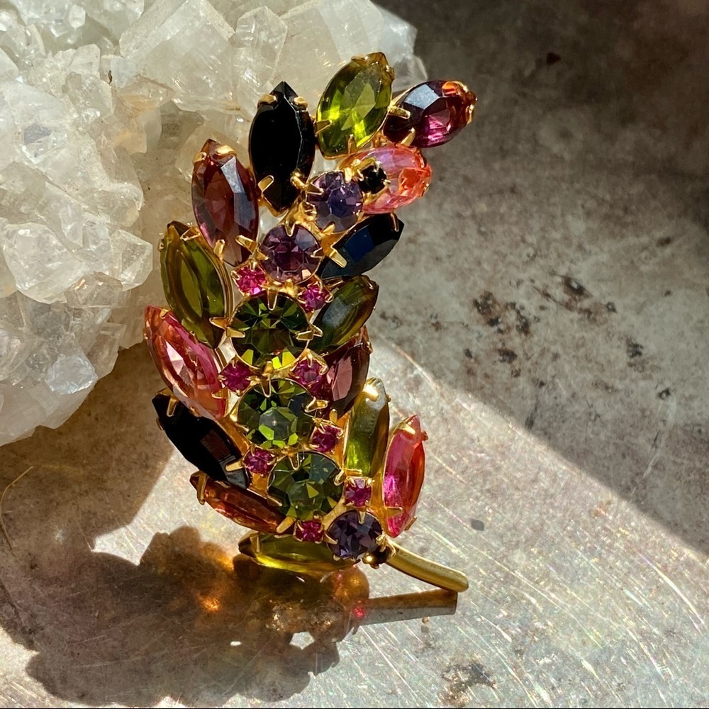 Vintage Juliana D & E Navette Purple and Green Floral Gemstone Brooch